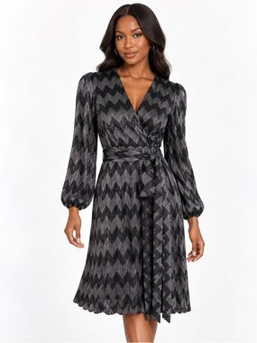 ELIZA J Charcoal Metallic Chevron Wrap Dress Size 10